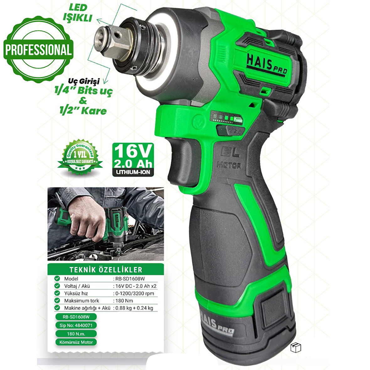 HaisPro 180 Nm Tork Akülü Somun Sıkma - Profesyonel Akülü Vidalama - 2x2 Ah Çift Akü - RB-SD1608W 