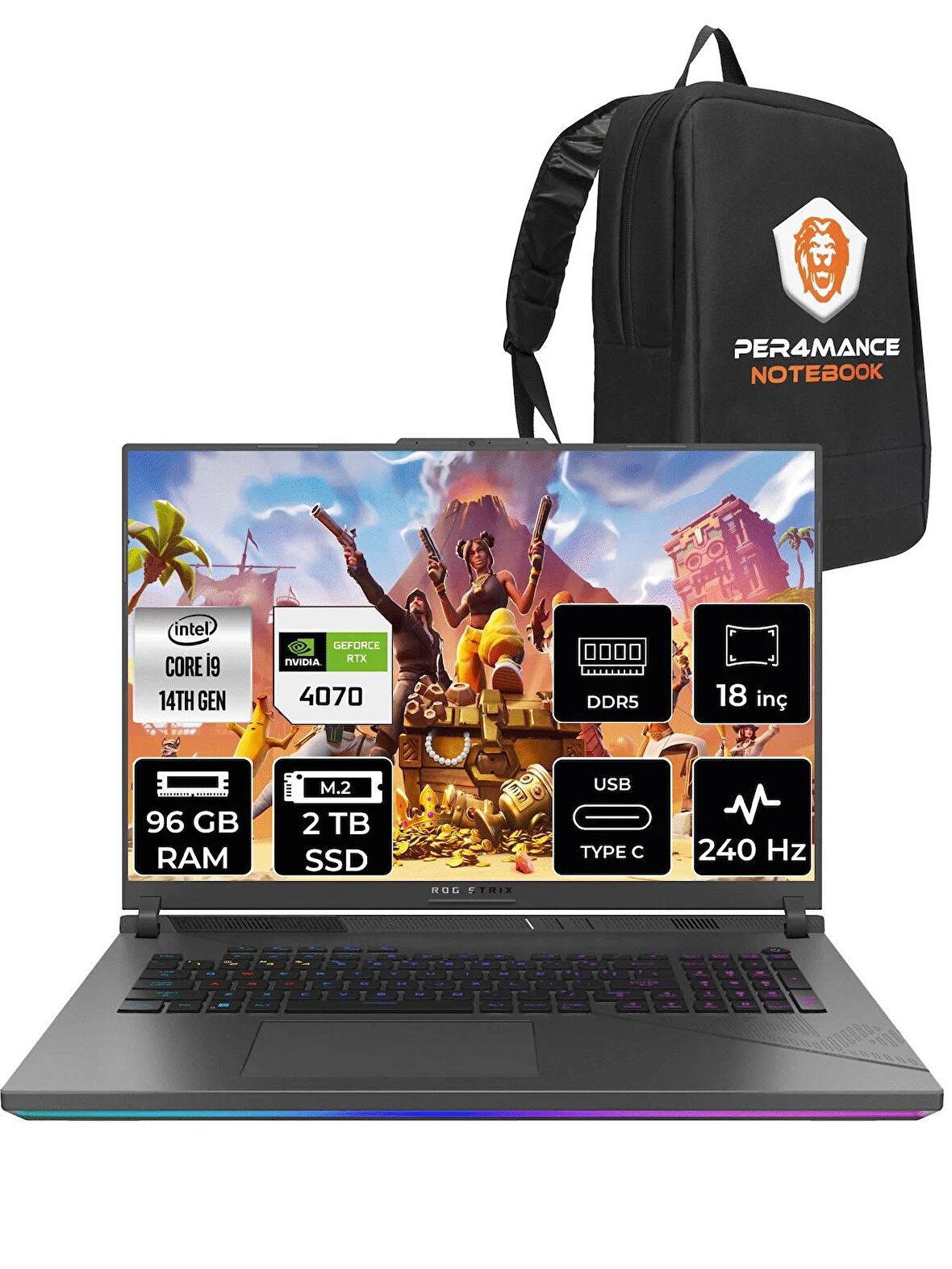 ASUS ROG Strix G18 i9-14900HX 96GB 2TB SSD RTX4070/8GB 240Hz 18" WQXGA FDOS N6002 & PER4 ÇANTA
