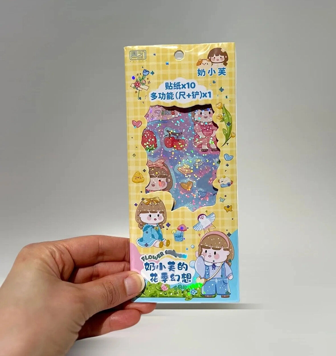 Kawaii Sevimli Karakter Çiçekli Sticker Seti, 10 Yapışkanlı Etiket, Cetvel
