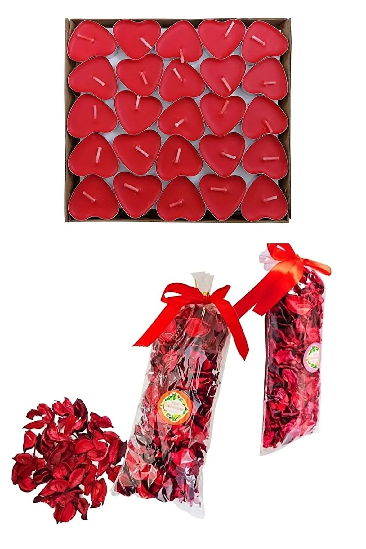 50 Mum + 700 Kuru Gül Yaprağı, Kalpli Mum Ve Kuru Gül Yaprakları