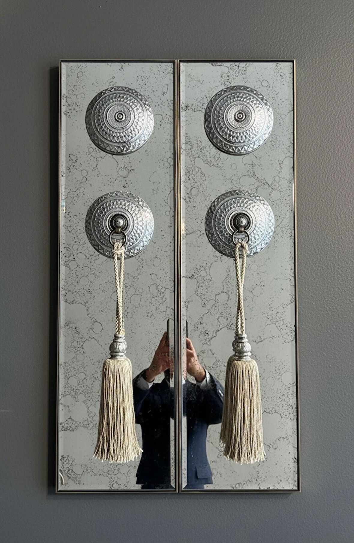 Eskitme Aynalı Dekoratif Kapı Kolu ve Püskül Tablo (Çiftli Set)