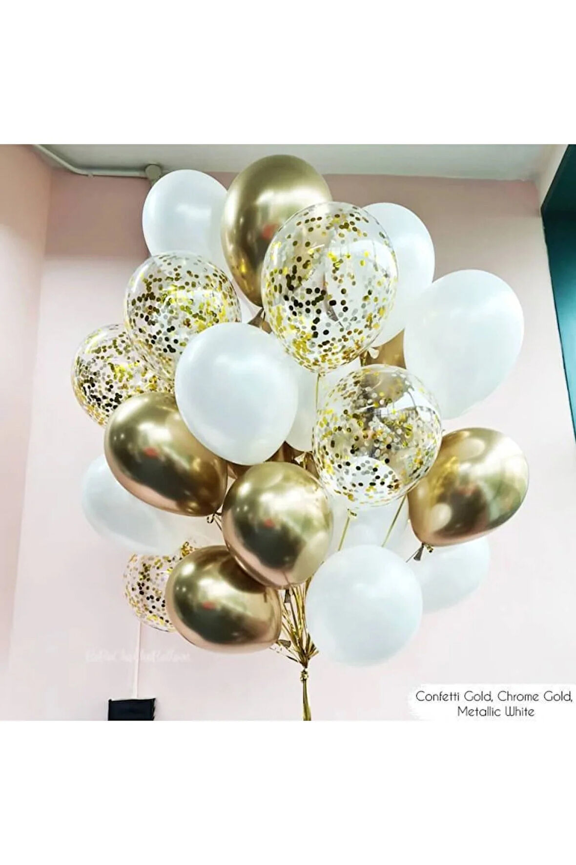 30 Adet Beyaz Krom Altın Balonlar Buketleri Lateks Konfeti Balon