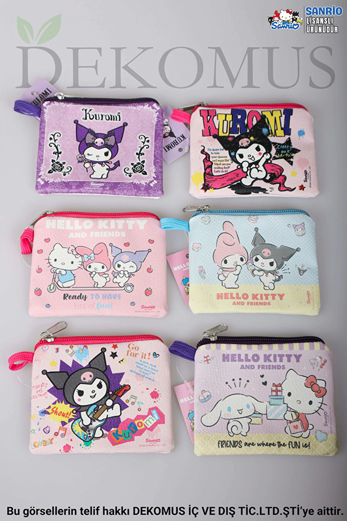 DEKOMUS İLE LİSANSLI YENİ SEZON BEST FRIENDS KUROMI,HELLO KITTY,CINNAMOROLL 2'Lİ PARA ÇANTASI