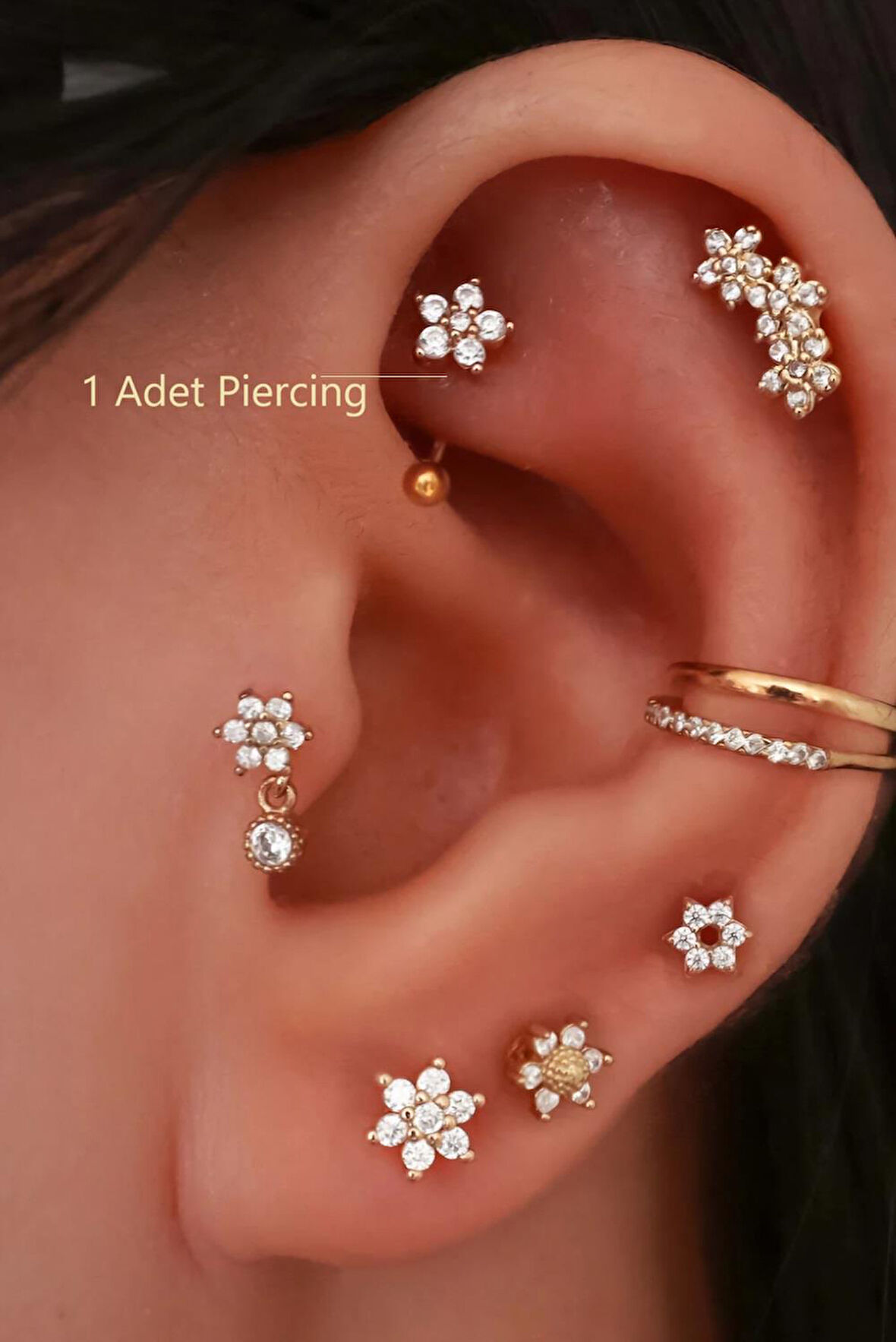 Taşlı Çiçekli Çelik Rook Piercing Daith Helix Kaş Göbek Lob Uyumlu Piercing
