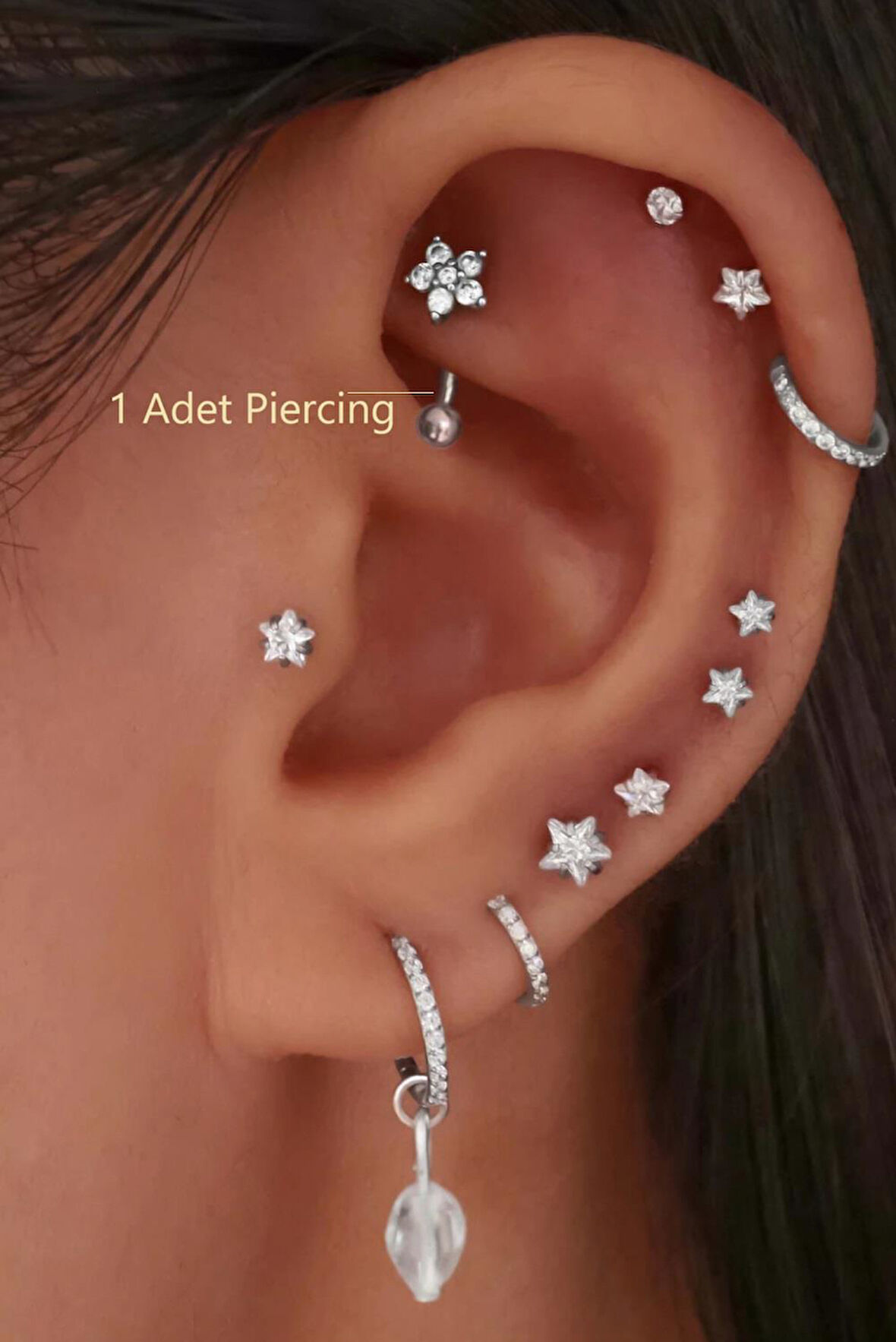 Taşlı Çiçekli Çelik Rook Piercing Daith Helix Kaş Göbek Lob Uyumlu Piercing