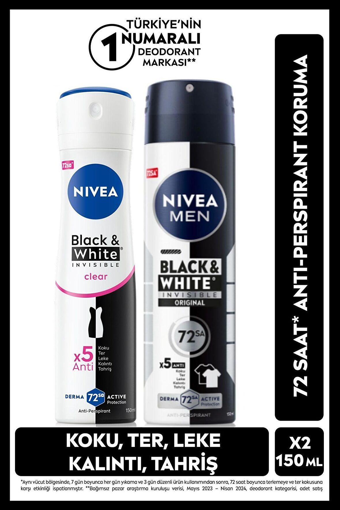 Nivea MEN Erkek Sprey Deodorant Black&White Invisible Original 150ml ve Kadın Deodorant, 72SaatTer Koruma