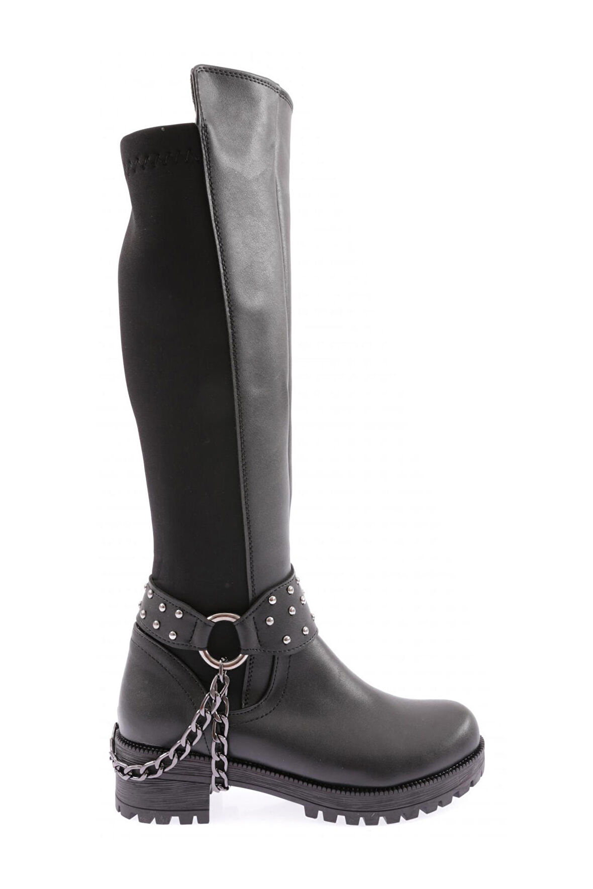 DGN 607 KADIN BİLEK TOKALI ZİNCİR DETAYLI ARKASI STRETCH KNEE HİGH FLATS ÇİZME