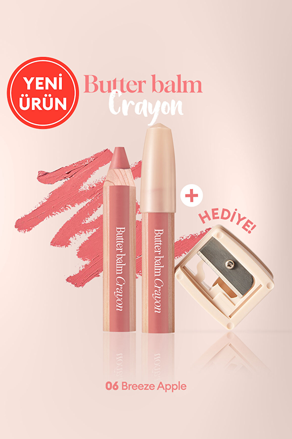 Kremsi, Kalem Şeklinde Renkli Dudak Balmı & Kalemtıraş CLIO Butter Balm Crayon 006 Breeze Apple