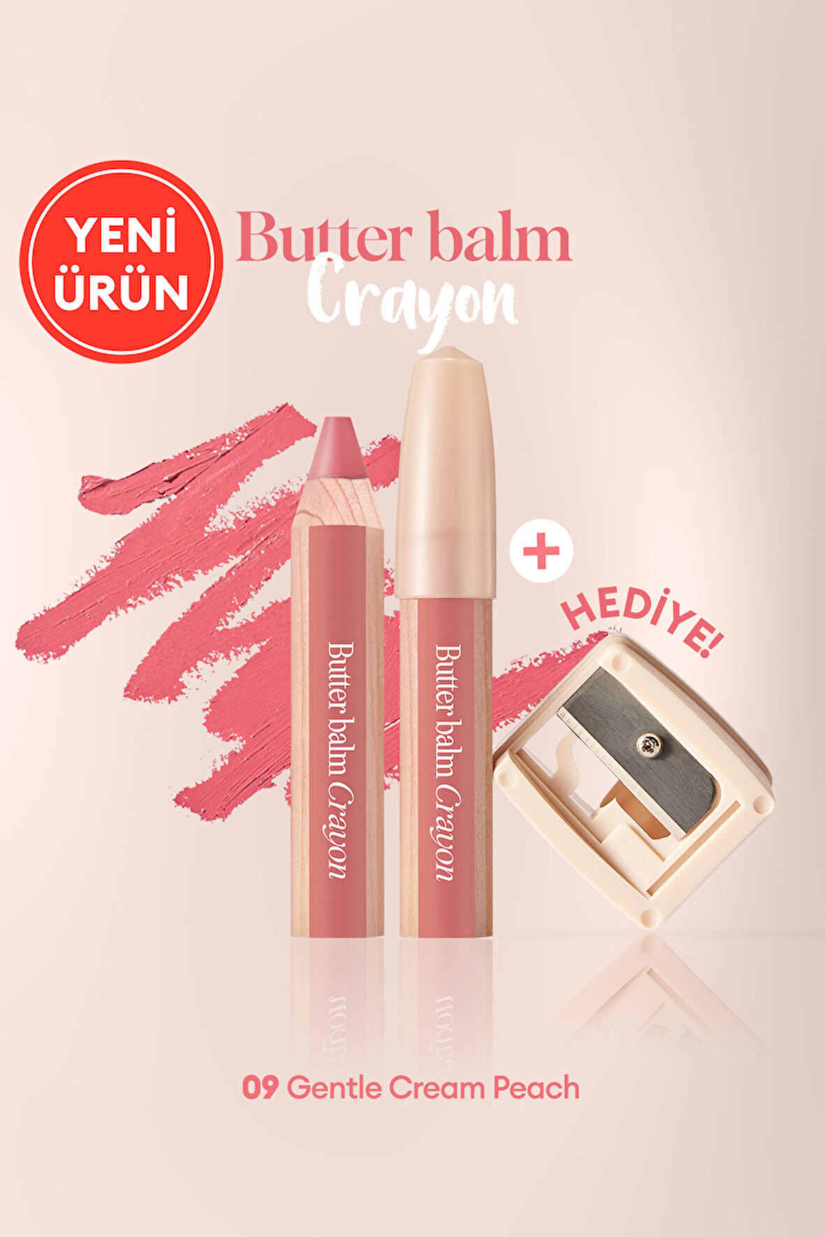 Kremsi,Kalem Şeklinde Renkli Dudak Balmı & Kalemtıraş CLIO Butter Balm Crayon 009 Gentle Cream Peach