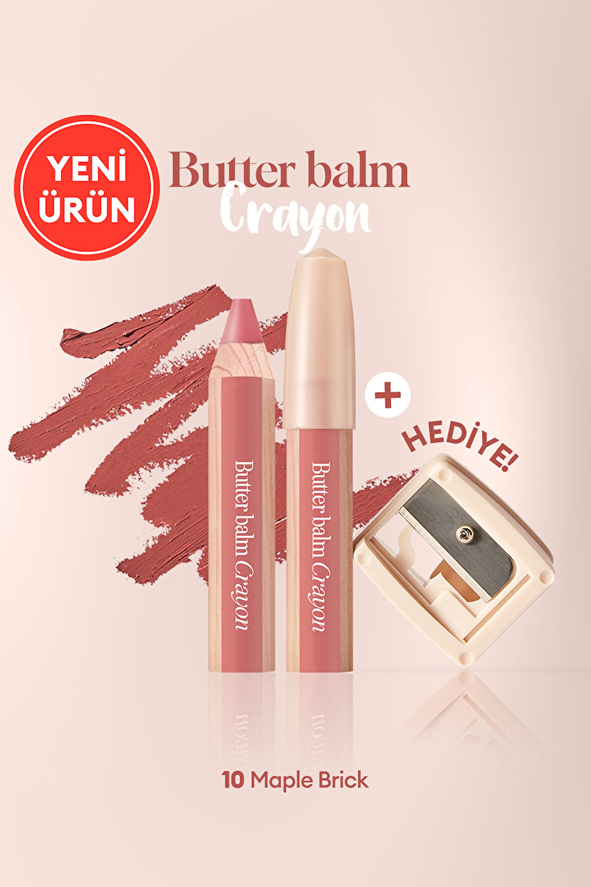 Kremsi, Kalem Şeklinde Renkli Dudak Balmı & Kalemtıraş CLIO Butter Balm Crayon 010 Maple Brick