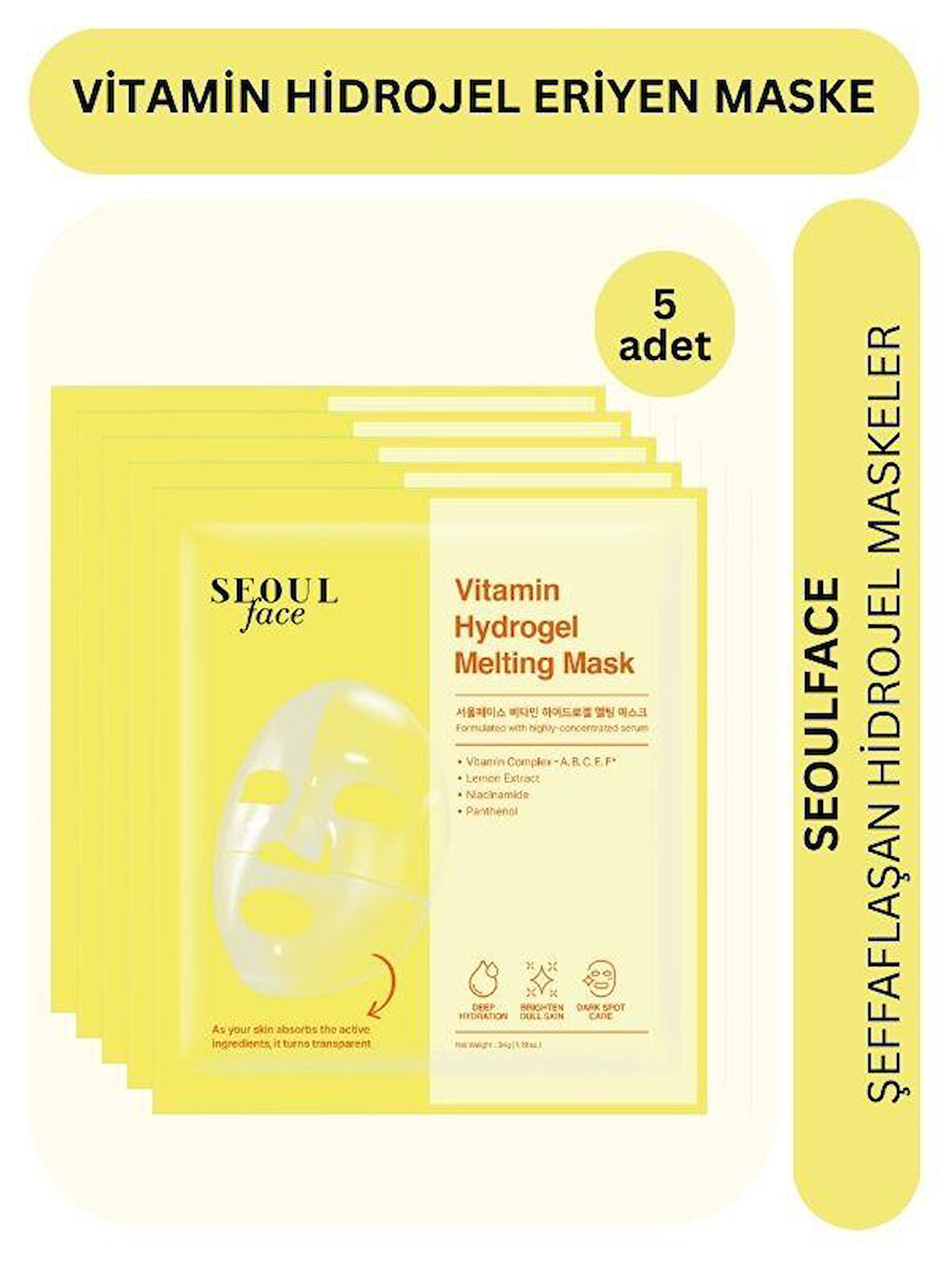 Dermal Seoulface Vitamin Hydrojel Şeffaflaşan Eriyen Maske 34g 5 Adet