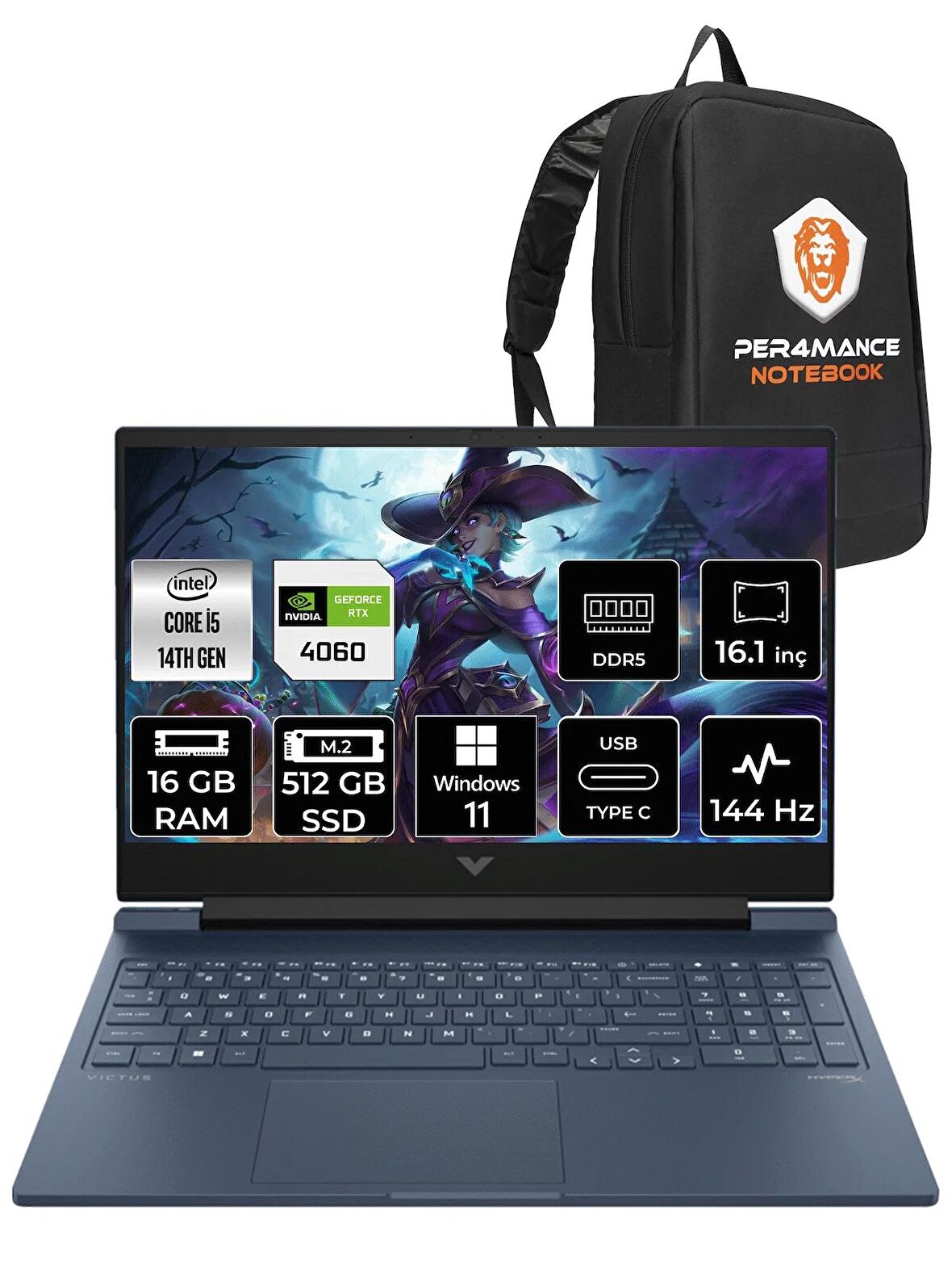 HP VİCTUS 16  i5-14500HX 16GB RAM 512GB SSD RTX4060/8GB 144Hz 16.1 FHD W11HOME 9J251EA & PER4 ÇANTA
