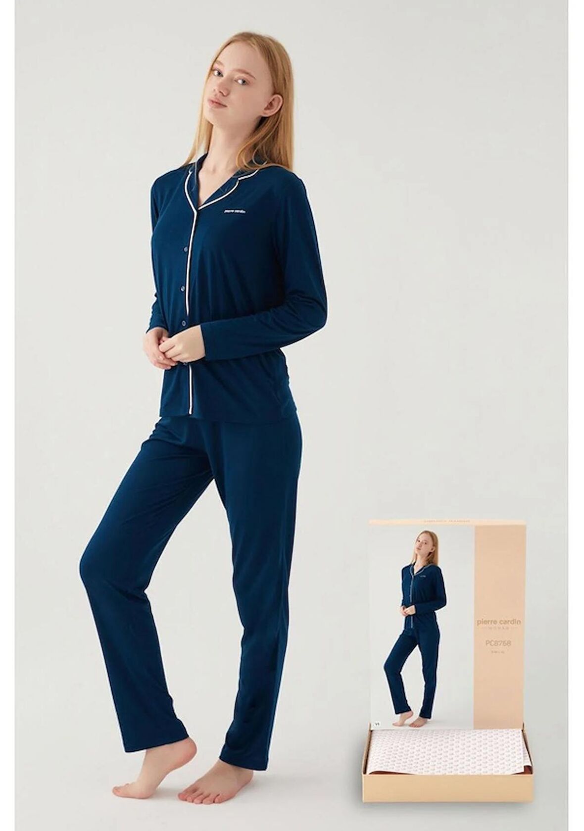 Pierre Cardin 8768 Gömlek Model Kadın Pijama Takımı Lacivert