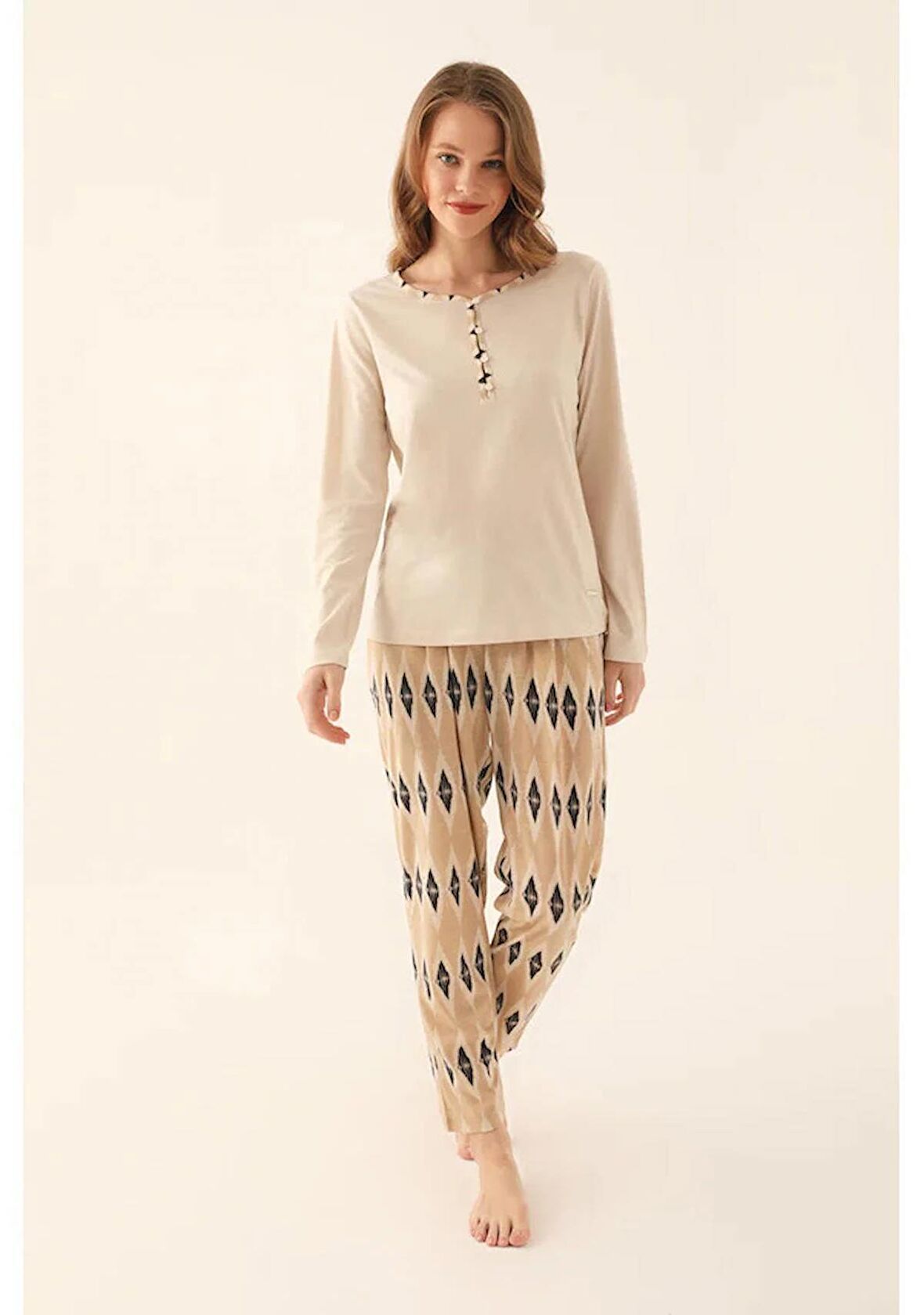 Pierre Cardin 8716 Uzun Kol Kadın Pijama Takımı Bej