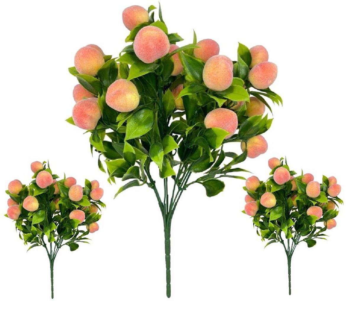 3lü Set Yapay Şeftali Demeti Yapay Çiçek 30*20cm Yeşil Yapraklı 