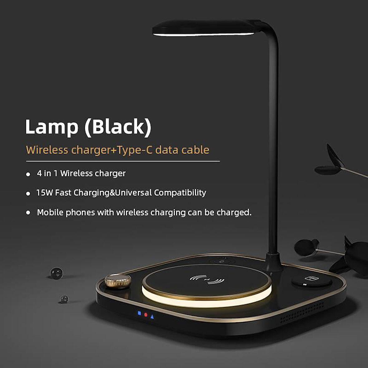 15W Kablosuz 4'ü 1 Arada Led Lambalı Kablosuz Şarj Ünitesi-Siyah