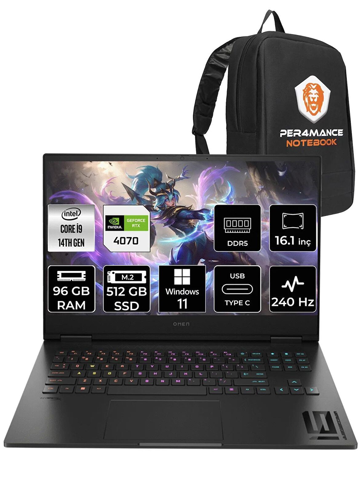 HP OMEN 16  i9-14900HX 96GB RAM 512GB SSD RTX4070/8GB 240Hz 16.1 QHD W11PRO 9J1L7EA & PER4 ÇANTA