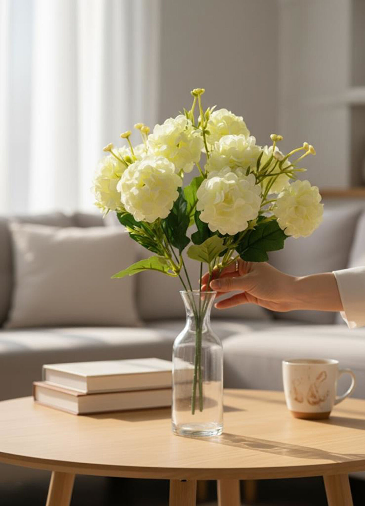 Yapay Çiçek Kartopu Krizantem Beyaz 5Dallı 10toplu Demet 30cm