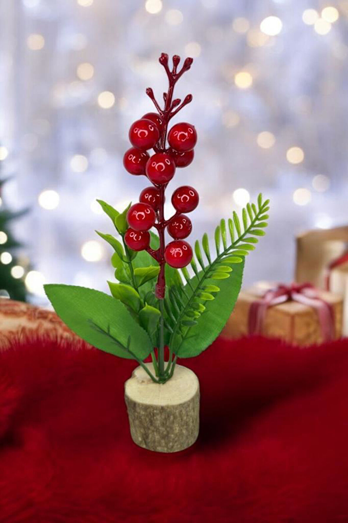 Yapay Çiçek Yılbaşı Çiçeği Kokinalı Kütük Saksılı Dekoratif Süs 20cm