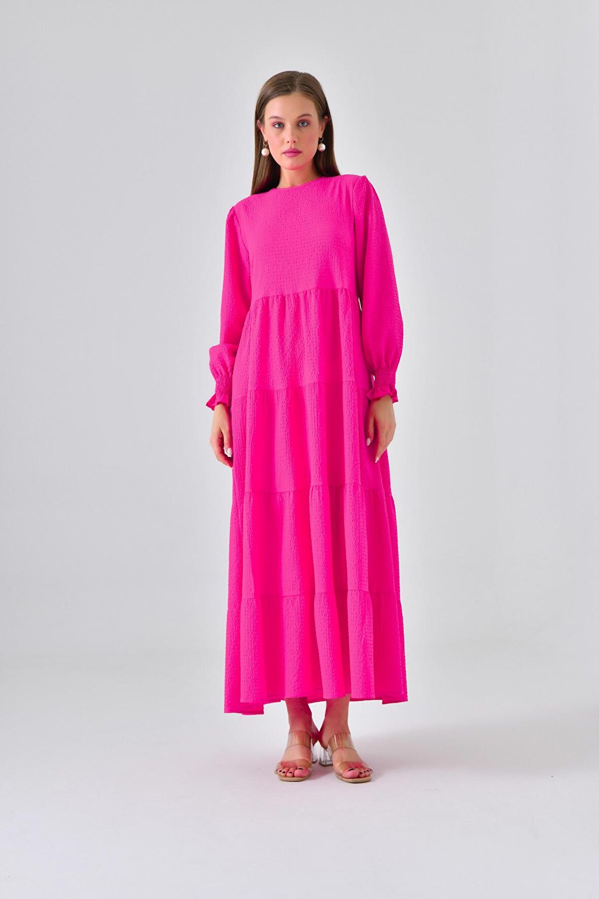 Fuşya Bisiklet Yaka Kol Gipe Detaylı Kat Kat Elbise