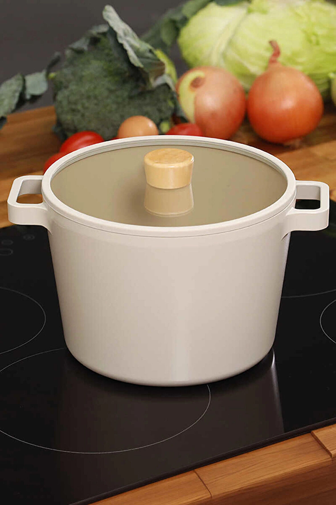 Neoflam Fika Cam Kapaklı Alüminyum Döküm Derin Tencere 22Cm Bej