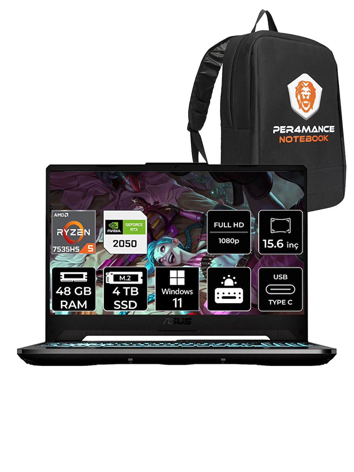 ASUS TUF Gaming A15 R5 7535HS 48GB 4TB SSD RTX2050/4GB 144Hz 15.6" FHD W11H HN050 & PER4 ÇANTA