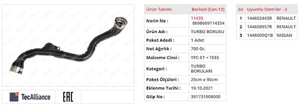 MEGANE 4 KADJAR TALİSMAN QAHQAİ II 1.5 DCİ TURBO BORUSU 1446000Q1B 144608957R
