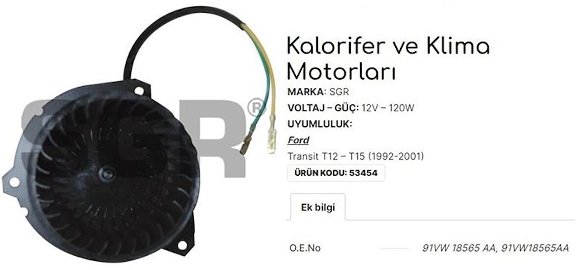 FORD TRANSİT T12 - T15 KALORİFER MOTORU 1992-2001 ARASI 91VW18565AA GU