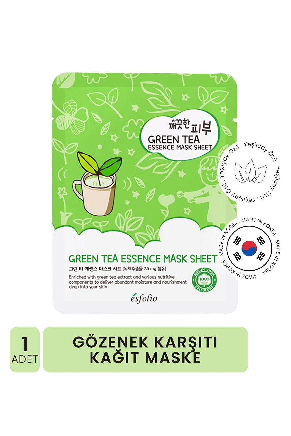 Yeşil Çay İçeren Yatıştırıcı Kağıt Maske Esfolio Green Tea Essence Mask Sheet