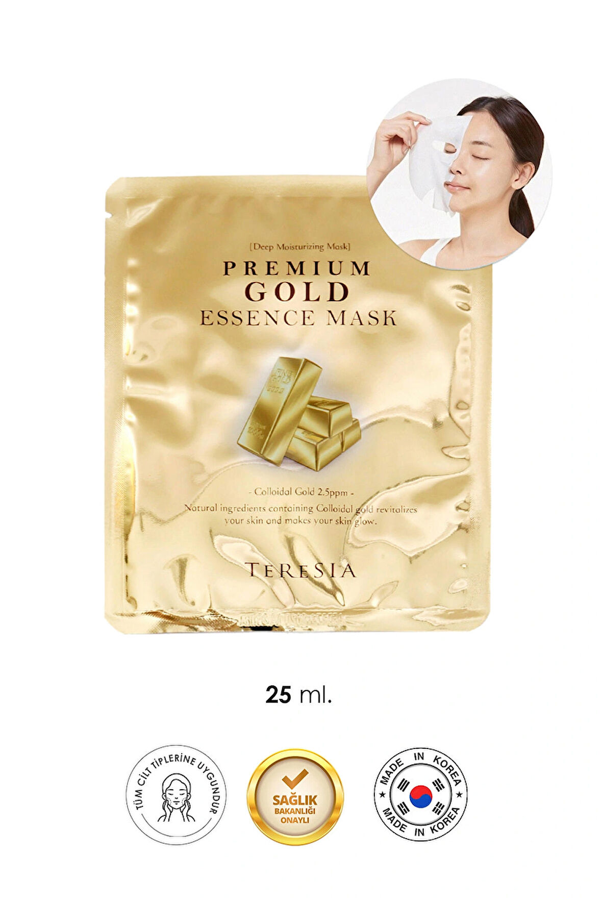 Teresia Premium Gold Mask – Altın Özlü Yoğun Nem & Aydınlatıcı Kağıt Maske
