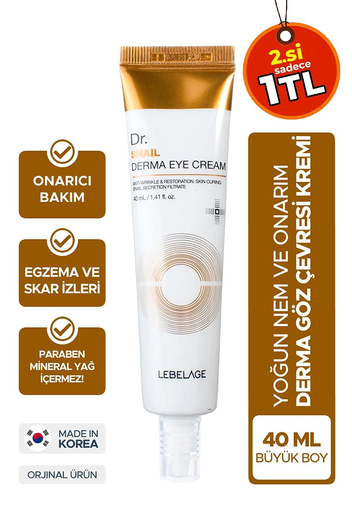 Egzama ve Kırışıklık Karşıtı Salyangoz Özlü Nemlendirici Göz Kremi Dr. Snail Derma Eye Cream 40 ML