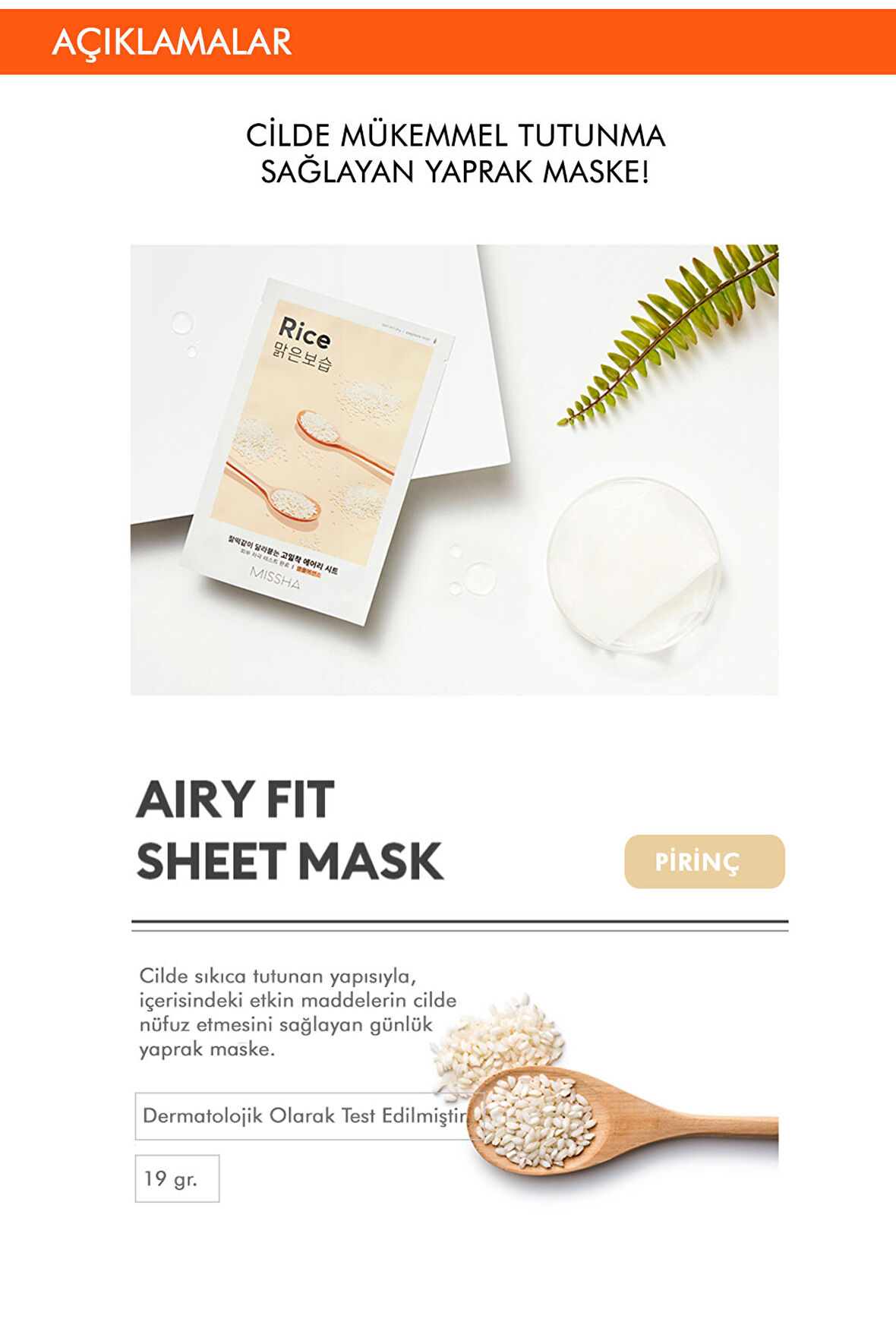 Avantajlı Pirinç Özlü Aydınlatıcı ve Nemlendirici Yaprak Maske Seti(5x17g)Airy Fit Sheet Mask (Rice)