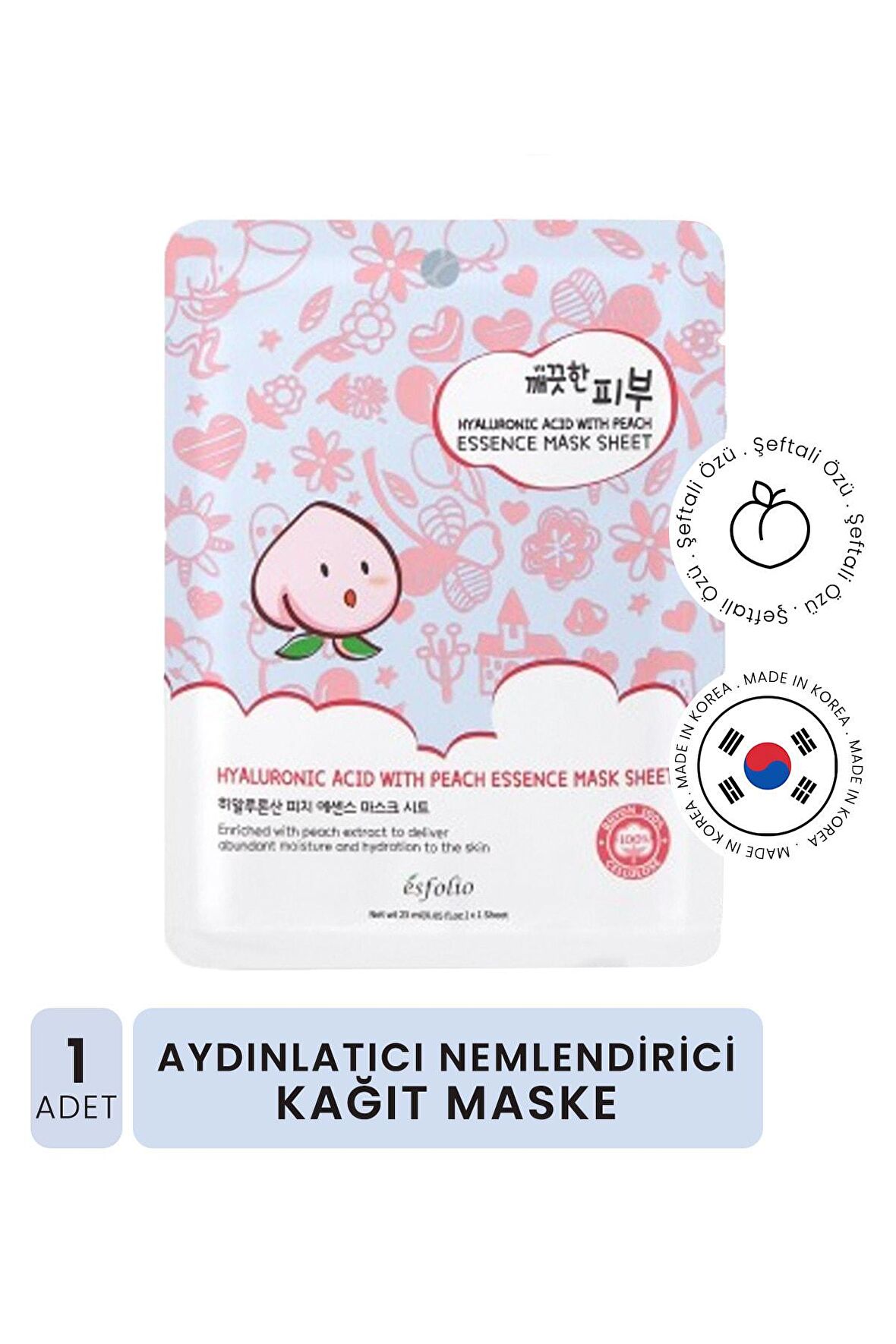 Hyalüronik Asit ve Şeftali İle Nemlendirici, Aydınlatıcı Kağıt Maske Esfolio mask