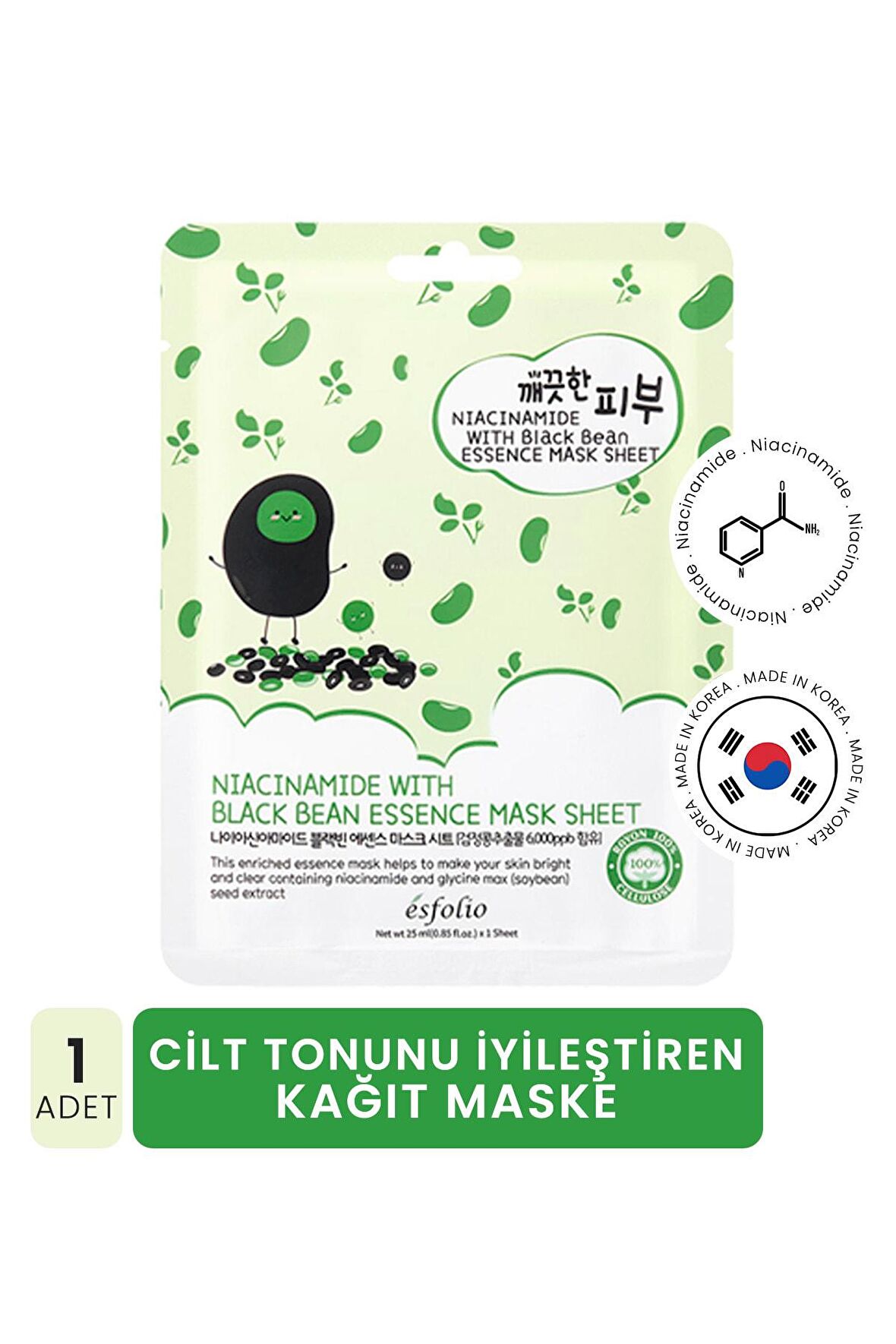 Niacinamide ve Siyah Fasülye İle, Cilt Tonu Düzenleyici Gözenek Karşıtı Kağıt Maske Esfolio Mask