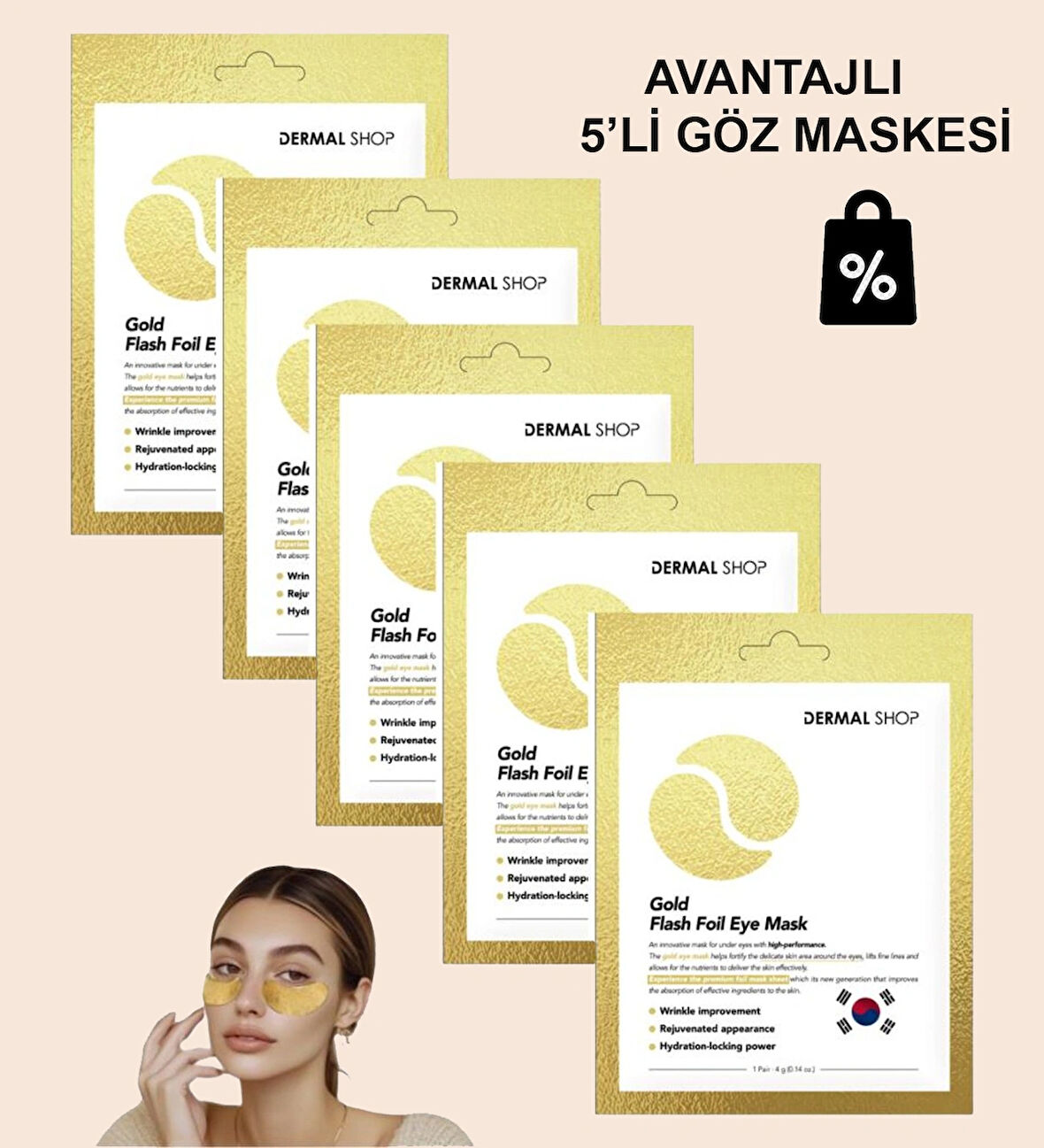 Dermal 3 Katmanlı Altın Gold Flash Foil Göz Altı Torbalarına Karşı Kağıt Göz Maskesi 4 gr / x5