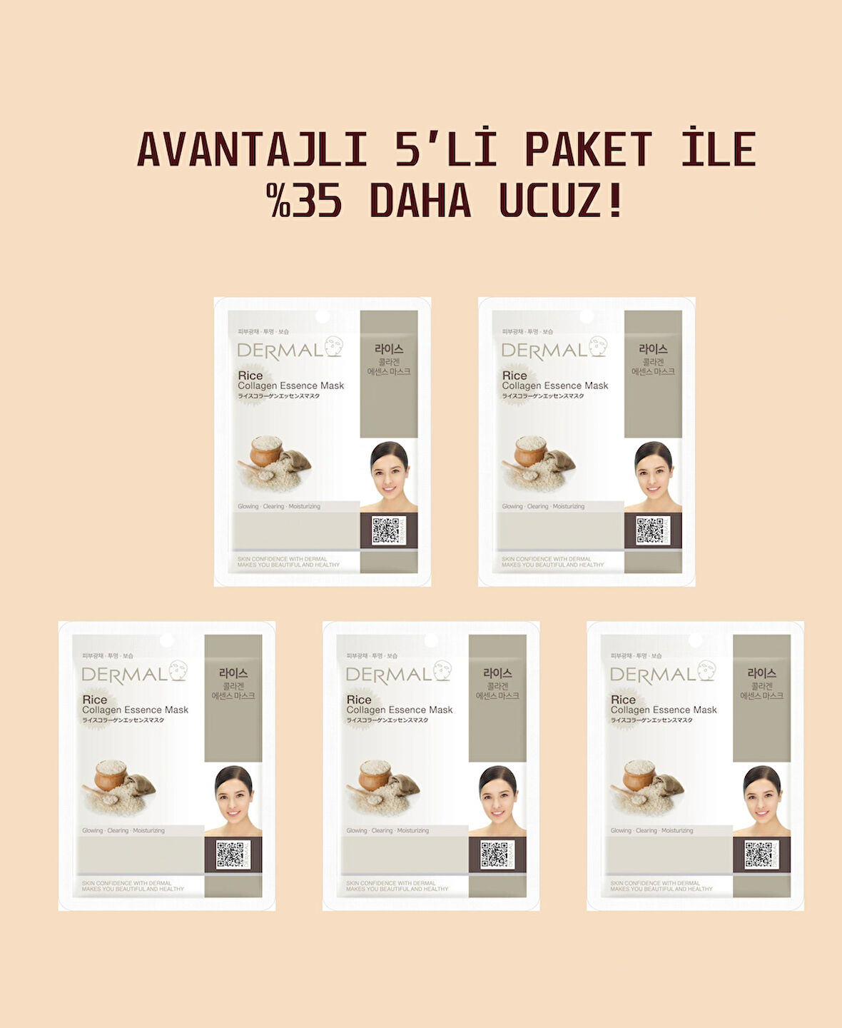 Dermal 5'Li Arındırıcı, Nemlendirici Ve Ton Eşitleyici Pirinç Özlü Kollajen Maske