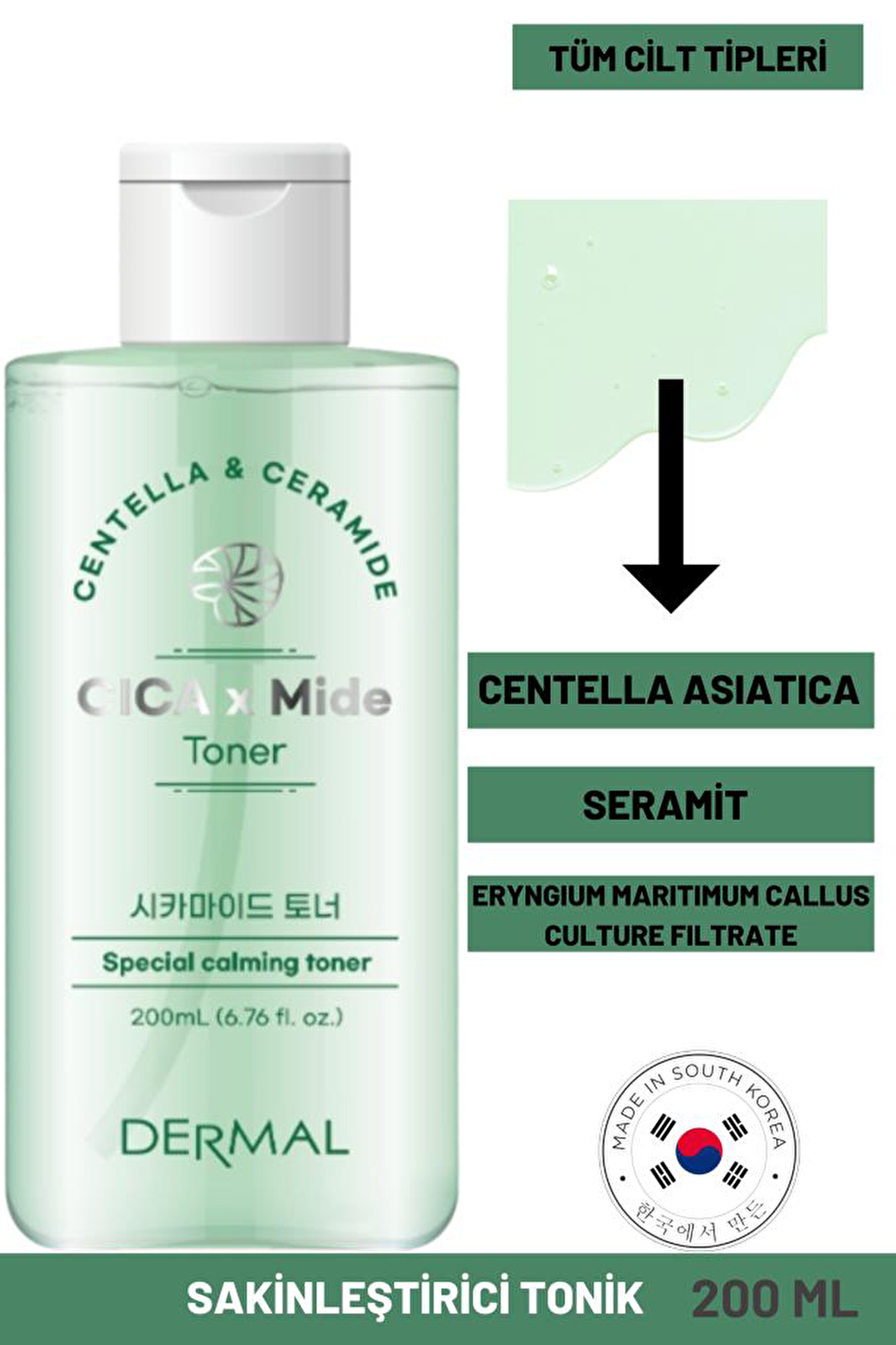 Dermal CICA x Mide Toner Centella Asiatica ve Seramid Özlü Sakinleştirici Tonik 200 ML 