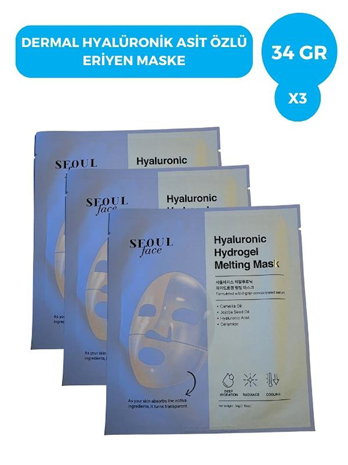 DERMAL SEOULFACE HYALURONIC HYDROGEL MELTING MASK 34g 3 Adet