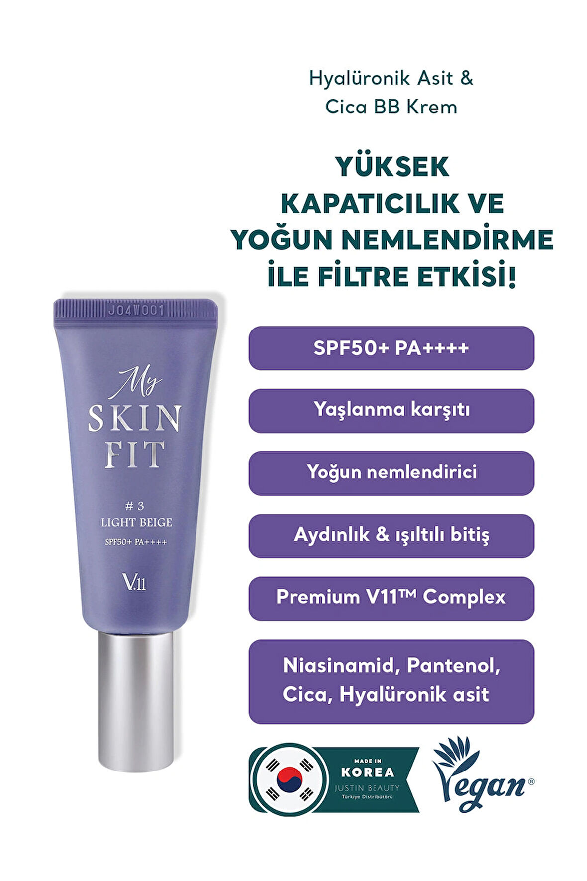 Village 11 Factory My Skin Fit BB Cream SPF 50+ PA++++ #3 Light Beige 20ml - Hyalüronik Asit & Cica BB Krem
