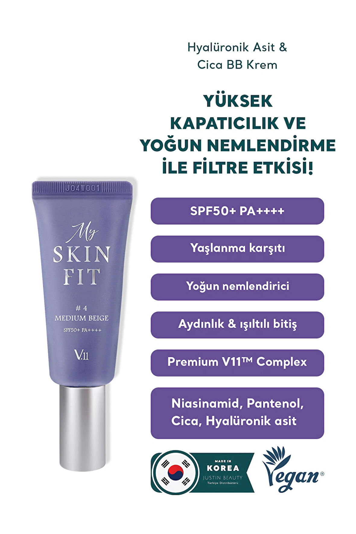 Village 11 Factory My Skin Fit BB Cream SPF 50+ PA++++ #4 Medium Beige 20ml - Hyalüronik Asit & Cica BB Krem