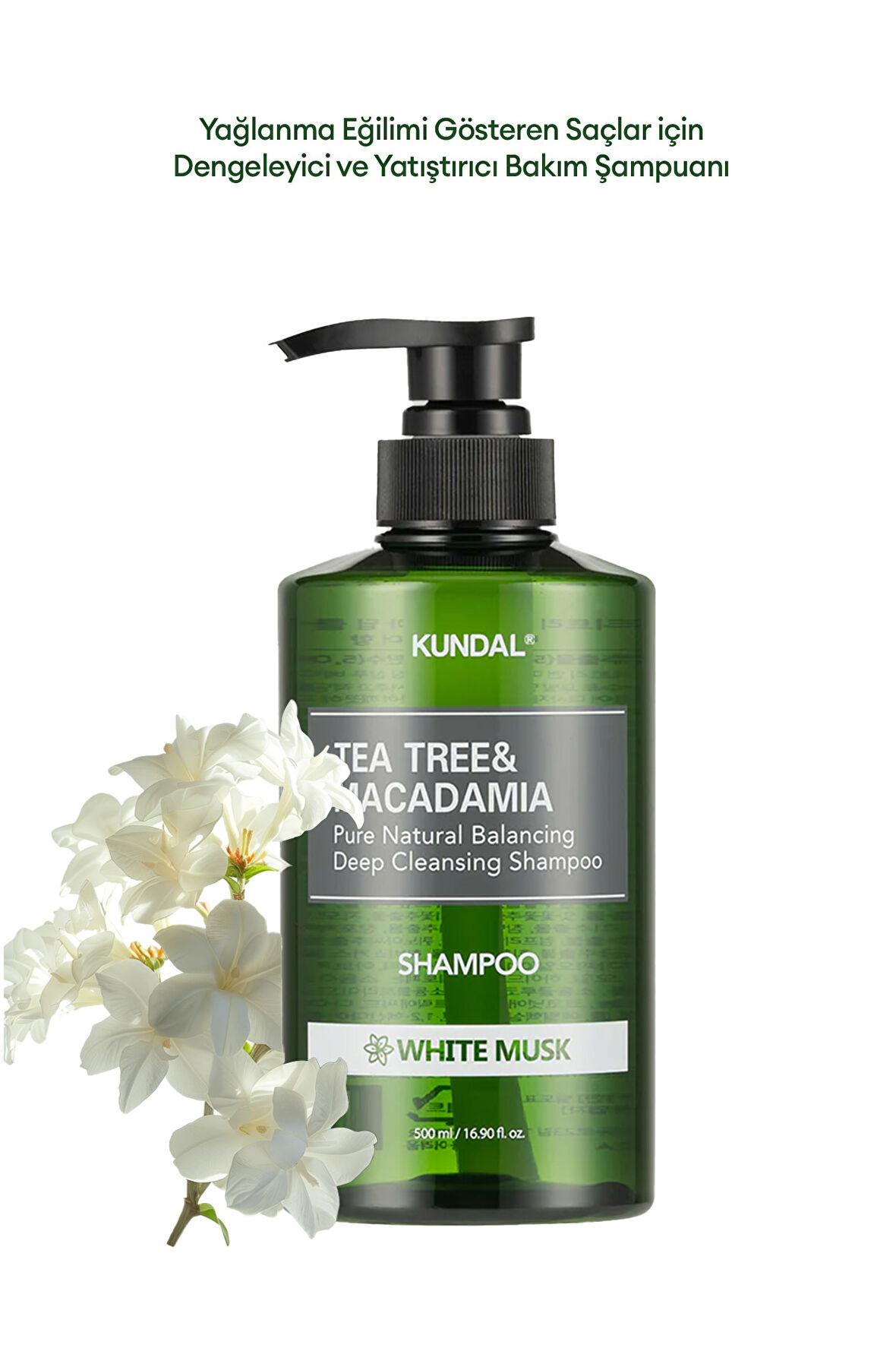 Yağlı Saçlara Özel Şampuan KUNDAL Tea Tree & Macadamia Deep Cleansing Shampoo 500 ml (White Musk)