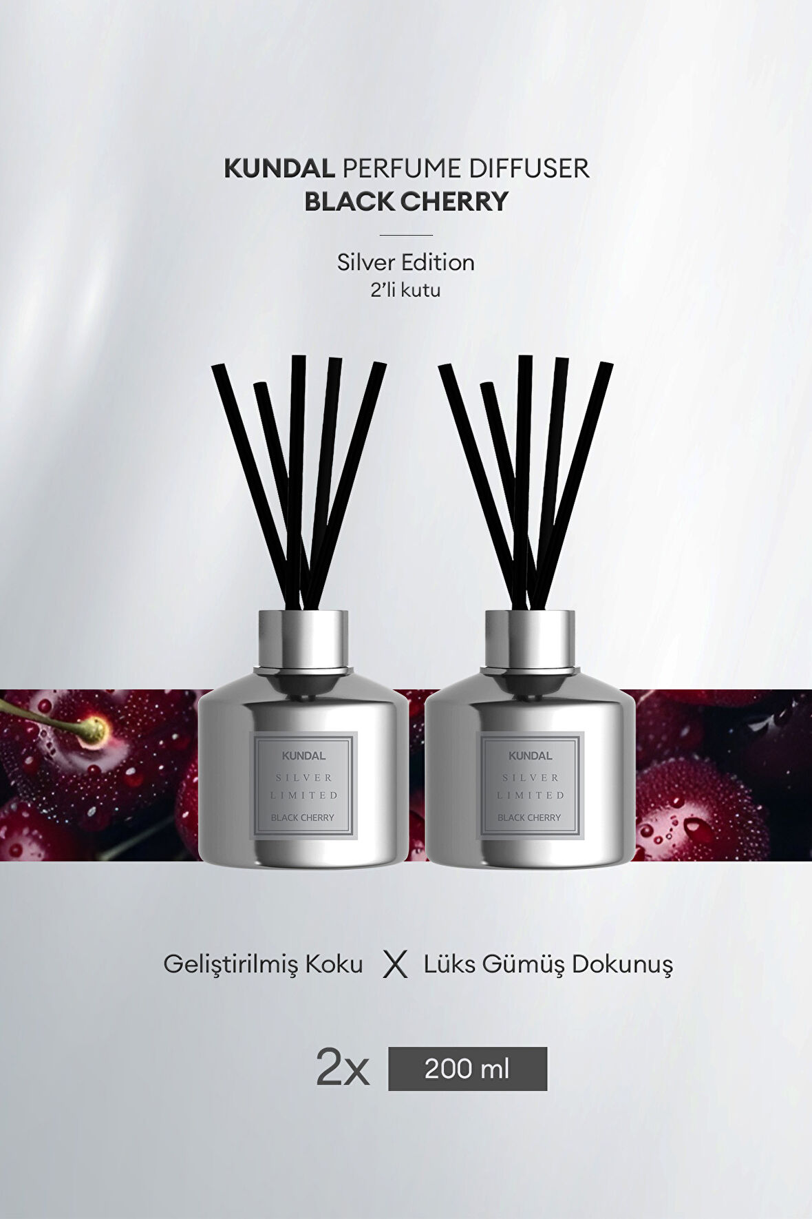 Parfüm Difüzörü Seçkin Gümüş Seri KUNDAL Perfume Diffuser Silver Edition 200ml 2Adet (Black Cherry)