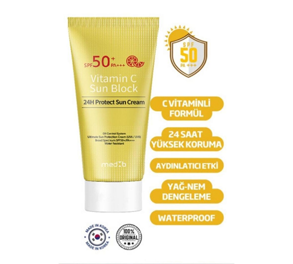 MEDB C VİTAMİNLİ  24  SAAT ETKİLİ  AYDINLATICI  FİZİKSEL FİLTRELİ  GÜNEŞ KORUYUCU KREM  SPF50+/PA++