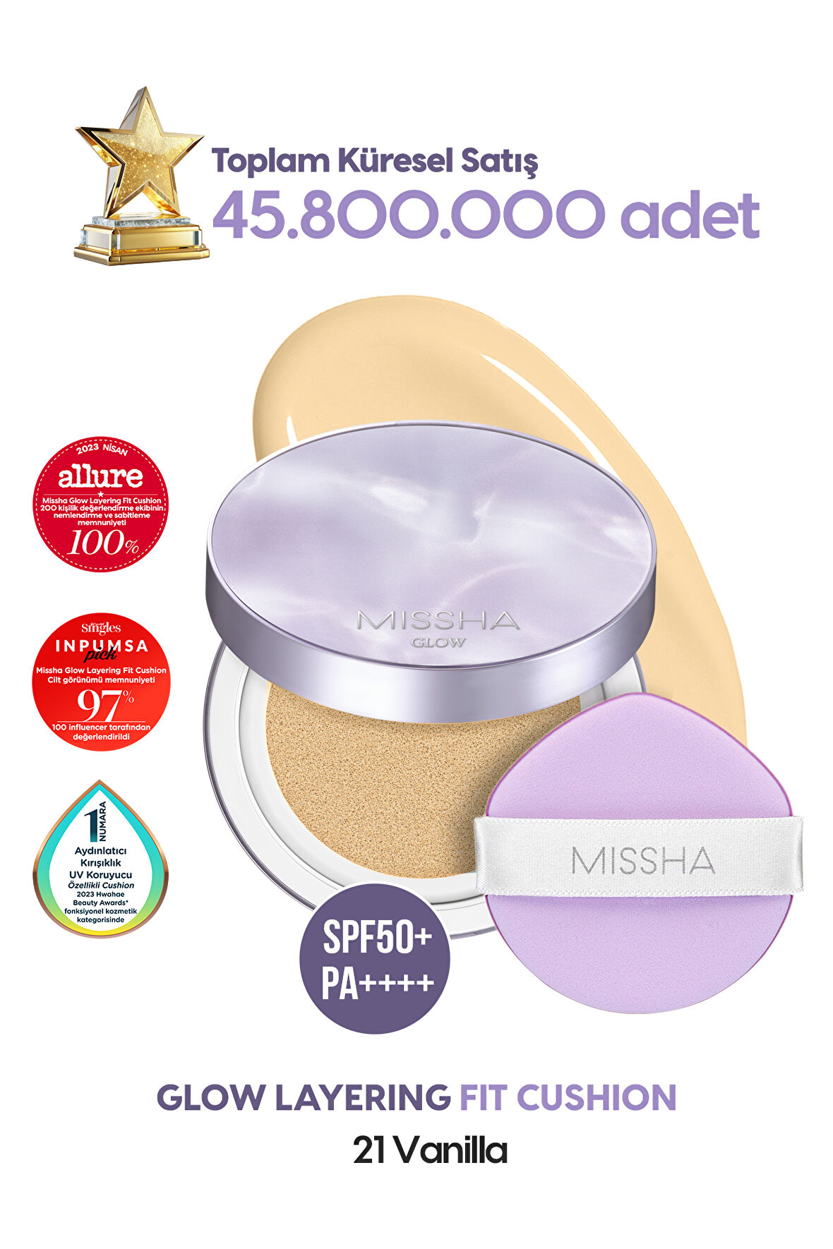 Yoğun Kapatıcı, Nemli ve Parlak Bitişli Cushion Glow Layering Fit Cushion No21 Vanilla SPF50+/PA++++