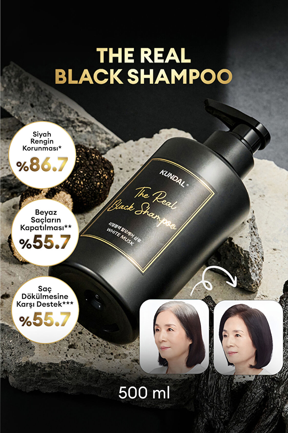 Beyazlayan ve Dökülen Saçlara Özel Bakım Sunan Siyah Şampuan KUNDAL The Real Black Shampoo 500ml