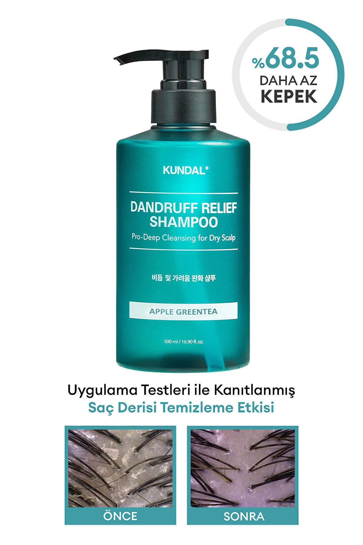 Kepek Karşıtı Bakım Şampuanı %68.5 Daha Az Kepek KUNDAL Dandruff Shampoo 500ml (Apple Green Tea)
