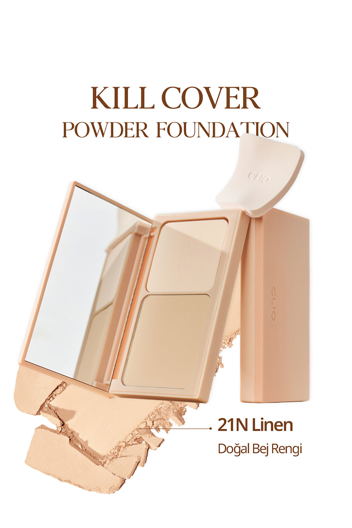 Hafif Yapılı, Pürüzsüz Mat Bitişli Pudra Fondöten CLIO Kill Cover Powder Foundation (21N Linen)