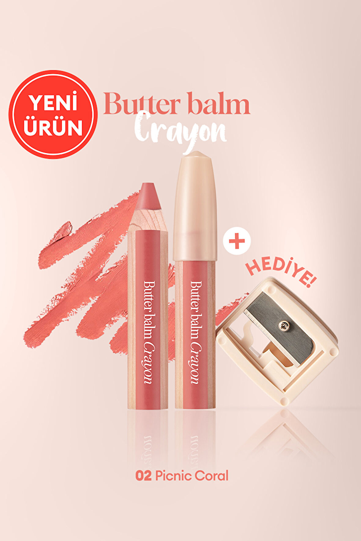 Kremsi, Kalem Şeklinde Renkli Dudak Balmı & Kalemtıraş CLIO Butter Balm Crayon 002 Picnic Coral