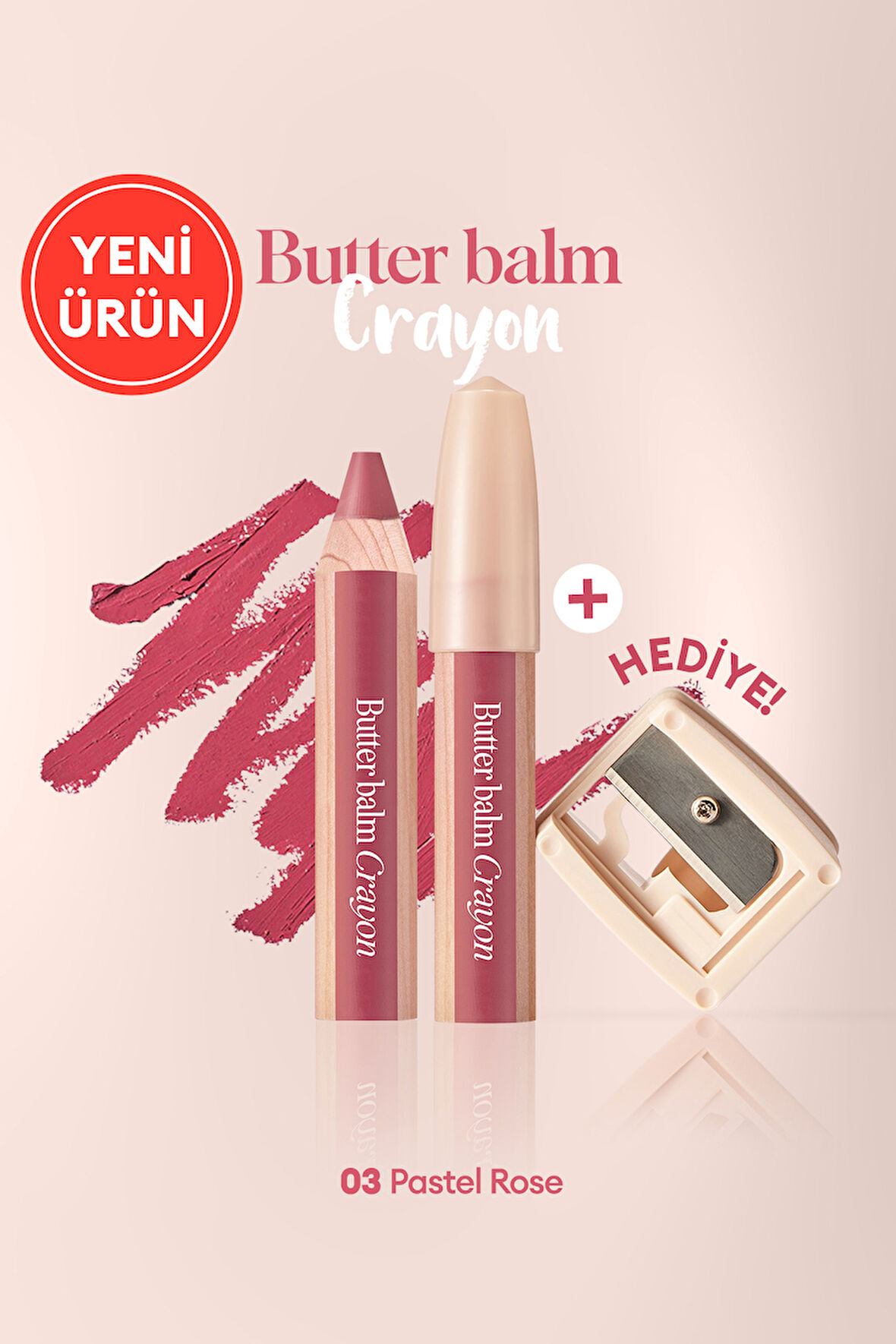 Kremsi, Kalem Şeklinde Renkli Dudak Balmı & Kalemtıraş CLIO Butter Balm Crayon 003 Pastel Rose