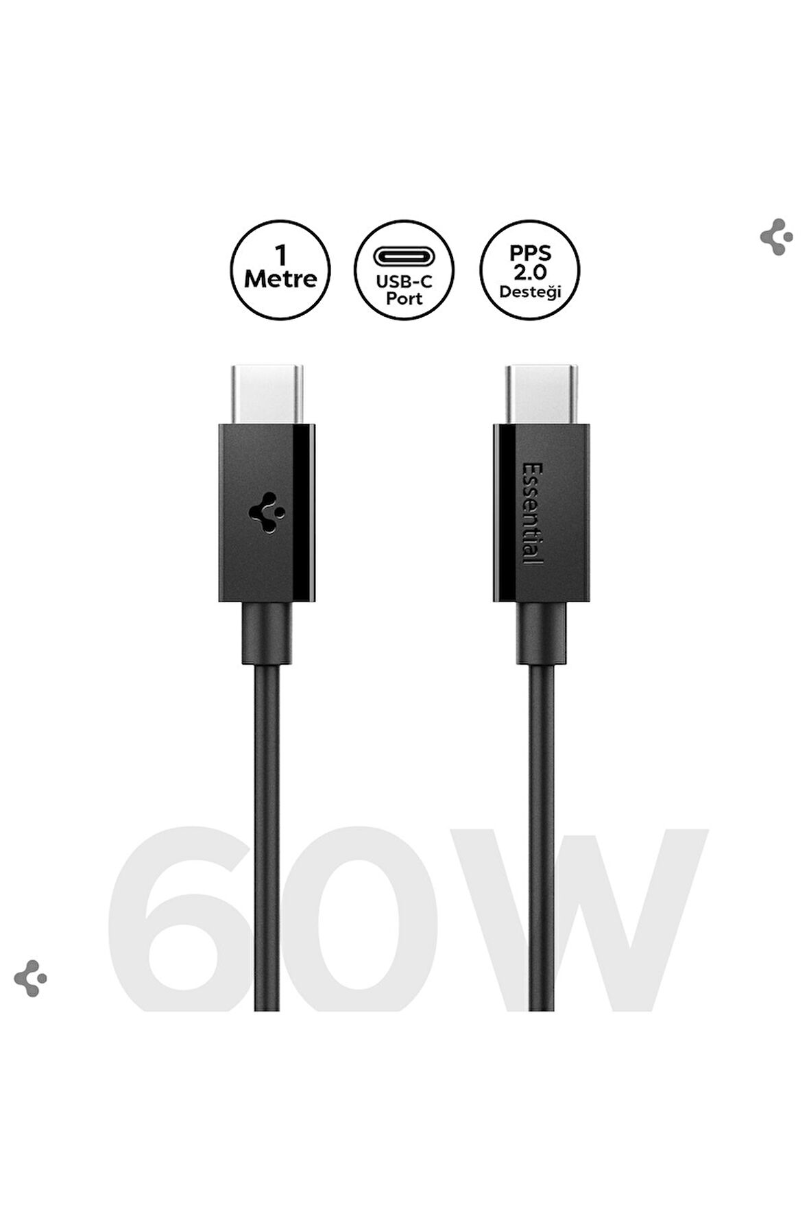 USB-C to USB-C 1 Metre Kablo 60W Güç / PPS 2.0 Super Hızlı Şarj / 480 Mbps Type-C Black - ACA08718